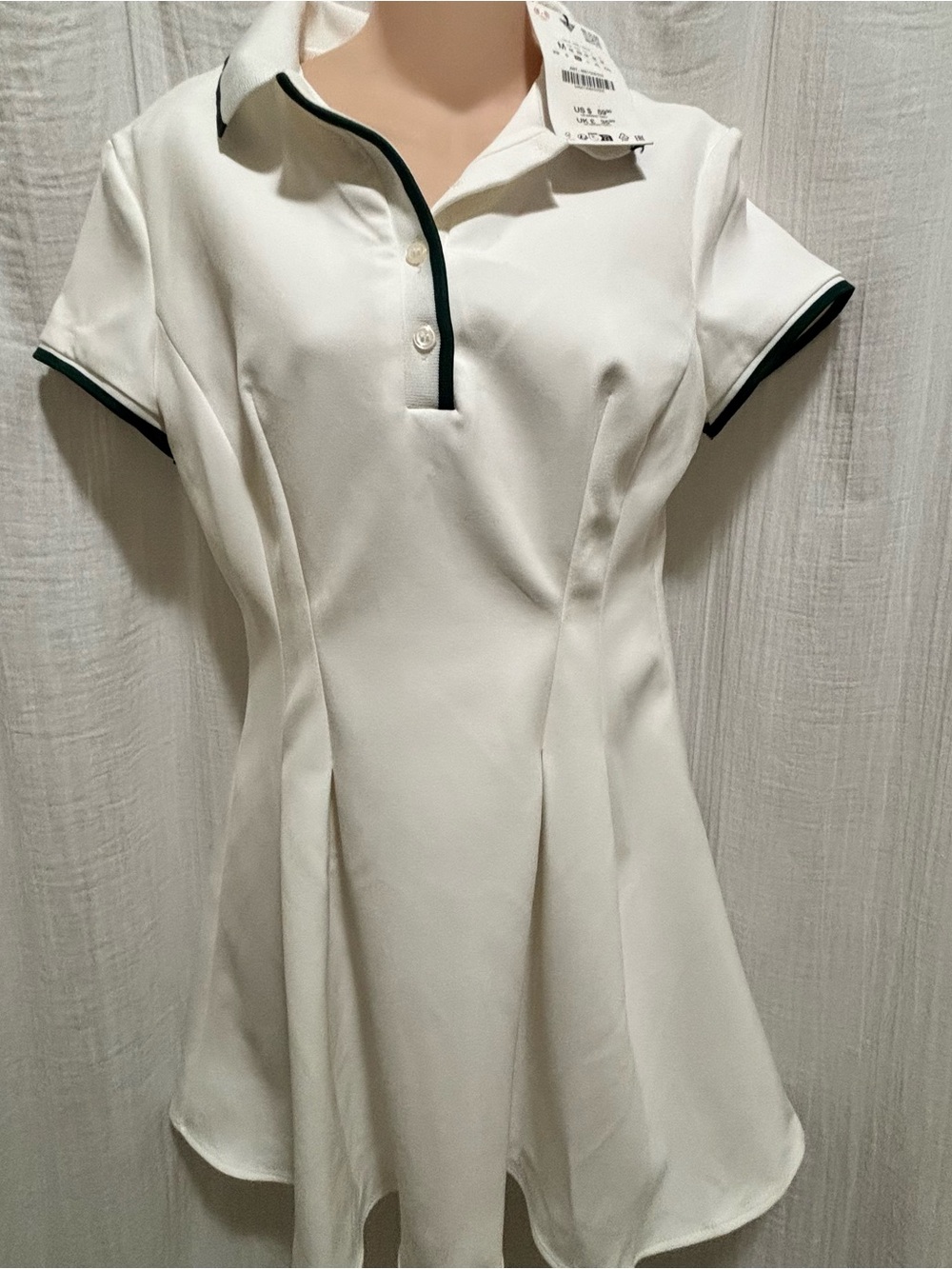 NWT Zara White Polo Mini Dress with Dark Green Contrast Collar Size Medium